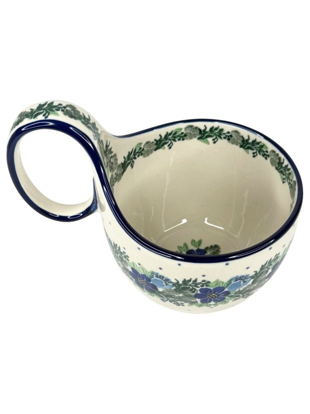 Boleslawiec Ceramika Art Polish Pottery Bowl With Loop Handle Blue Floral Soup - Picture 3 of 10